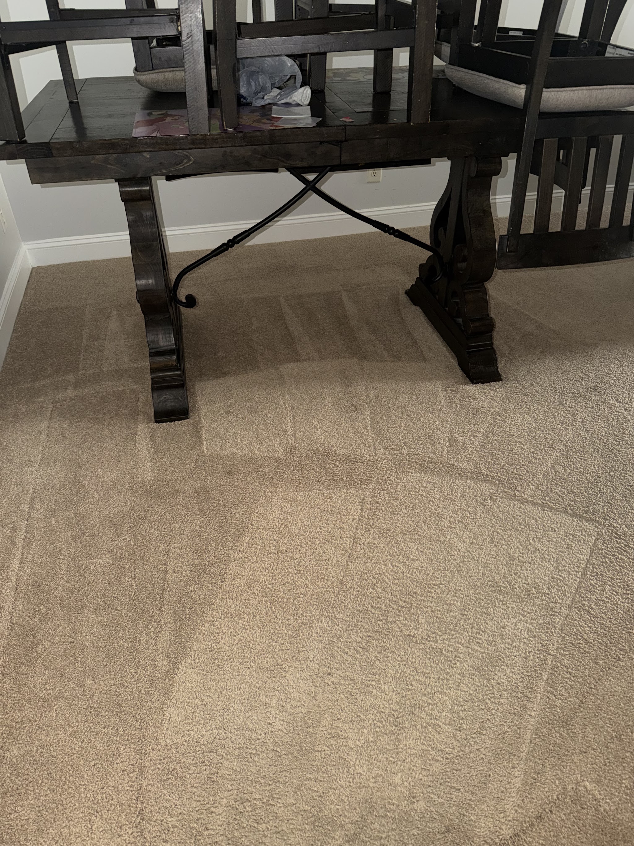 Cleaned carpet under a dining table, with the freshly cleaned area visible next to the part not yet done